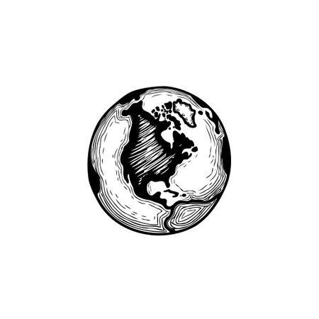 This is an illustration of the earth, showing North America. It is a black and white drawing, reminiscent of a vintage sketch.のイラスト素材