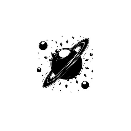 A stylized black and white illustration depicts a ringed planet surrounded by stars and other celestial objects, suggesting themes of space exploration and cosmic wonder.のイラスト素材