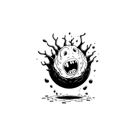 Humorous ink drawing of a scared cartoon face emerging from a dark splat sphere. This artwork is perfect for creative projects, adding a touch of whimsy and fright.のイラスト素材