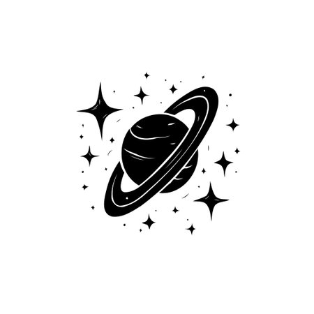 Monochromatic illustration of Saturn, complete with its iconic rings and surrounding stars. Simple and minimalist design conveys a sense of cosmic beauty and scientific exploration.のイラスト素材