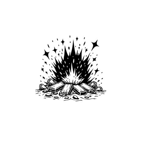 A black and white illustration of a campfire, with stylized flames and sparkling stars, perfect for conveying warmth and outdoor adventure.のイラスト素材