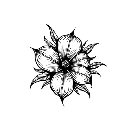 A beautiful monochrome illustration of a flower with detailed petals and leaves, perfect for adding a touch of elegance to any design or project.のイラスト素材