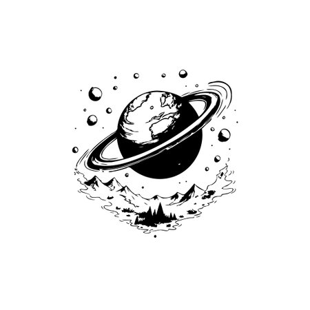 Conceptual black and white illustration depicting a planet hovering above a mountain landscape, creating a surreal and fantasy-inspired scene. Perfect for space, universe or travel themed artwork.のイラスト素材