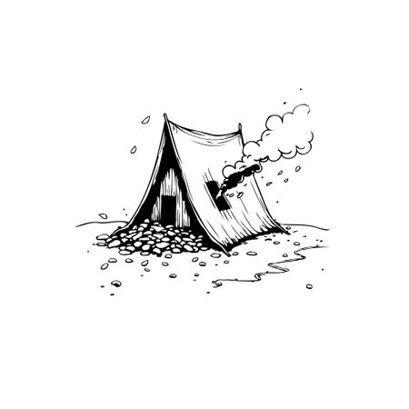 A simple yet evocative black and white sketch of a tent with smoke rising from its chimney, ideal for outdoor or adventure-themed designs.のイラスト素材