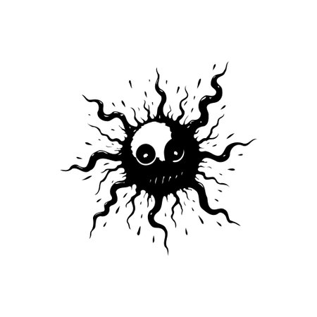 A stylized black and white drawing of a spooky sun-like figure with tentacles emanating from its circular body. The figure has a slightly sinister yet playful expression, making it a captivating and whimsical design.のイラスト素材