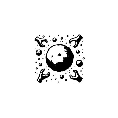 Black and white graphic illustration of a textured moon surrounded by stars and playful hands, creating a whimsical celestial scene. Perfect for art, design, or fantasy projects.のイラスト素材