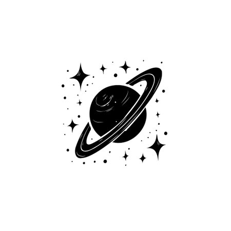 A black and white illustration of Saturn with its rings, surrounded by stars. Representing space, universe, astronomy, and celestial beauty.のイラスト素材