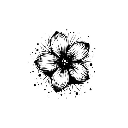 A detailed monochrome illustration showcasing a single flower with delicately drawn petals and intricate dot accents, isolated against a white background.のイラスト素材