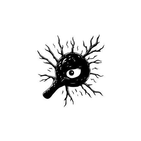 Eerie monochrome illustration featuring a bizarre creature with a single eye and branching limbs, evoking a sense of mystery and the grotesque.のイラスト素材