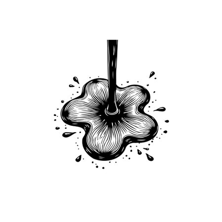 A monochrome vector illustration depicts a liquid pouring into a floral-shaped puddle, creating an artistic and textured design element.のイラスト素材