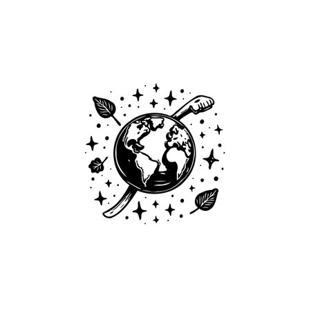 Black and white Earth Day illustration showcasing sustainable living.  Includes planet Earth, leaves and stars symbolizing environmental responsibility and conservation, promoting eco-friendly practices.のイラスト素材