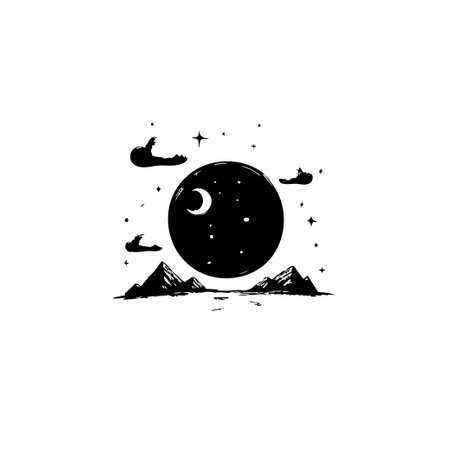 A minimalist black and white illustration featuring a serene nightscape with a crescent moon, stars, clouds, and mountains. Perfect for themes of nature, tranquility, or cosmic wonder.のイラスト素材