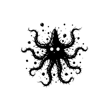 A stylized black and white illustration of an octopus-like creature with many tentacles. Design evokes mystery and the depths of the sea. Perfect for fantasy or spooky themesのイラスト素材