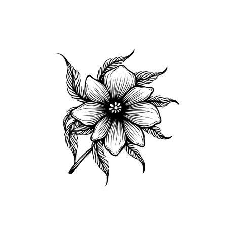 Elegant single flower drawing with intricate line work, ideal for botanical illustrations, graphic design, and more. Black and white isolated drawing. Creative and modern aesthetic.のイラスト素材