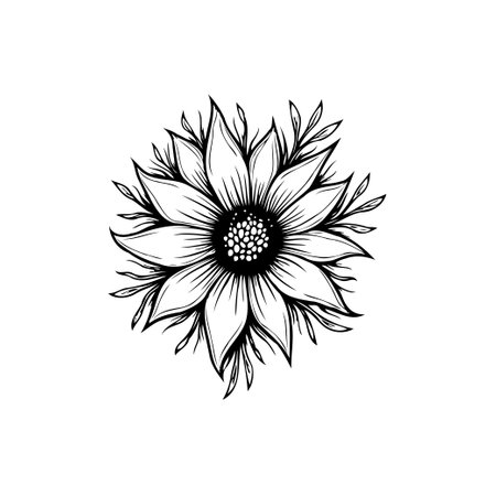 A beautifully detailed black and white illustration of a sunflower blossom, perfect for botanical designs and graphic art projects.のイラスト素材