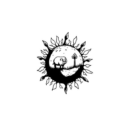 An ink illustration shows a quirky creature standing in a fantastical landscape featuring a strange plant, all contained within a decorative, sun-like border.のイラスト素材
