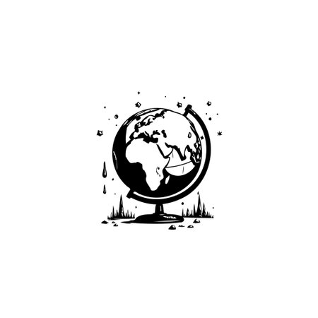 A monochrome illustration of a globe depicting continents and oceans. Stylized drips and stars surround the globe, conveying a sense of exploration and knowledge.のイラスト素材