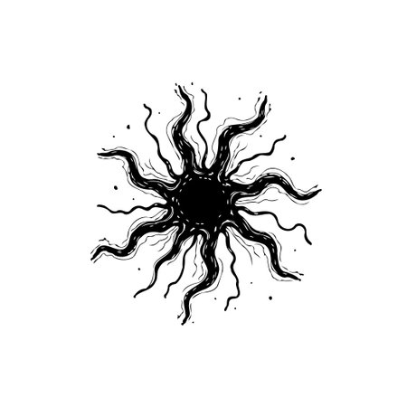 A grunge sun illustration with wavy rays, perfect for adding an artistic and vintage touch to your design projects.のイラスト素材