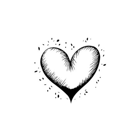 Black and white hand-drawn heart illustration. Suitable for Valentine's Day, love themes, and romantic designs. The artistic doodle style and grunge elements make it unique.のイラスト素材