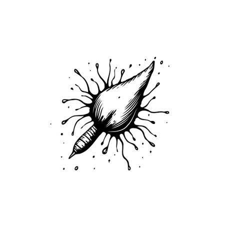 This artistic depiction showcases a pen surrounded by ink blots, symbolizing creativity, inspiration, and the art of drawing and writing. It's a visually appealing illustration with vintage elements.のイラスト素材