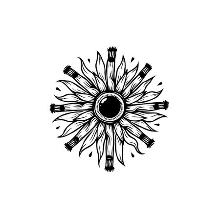 An intricate hand-drawn monochrome sunflower design illustration. Perfect for botanical themes, tattoo art, vintage designs, and ornamental graphics.のイラスト素材