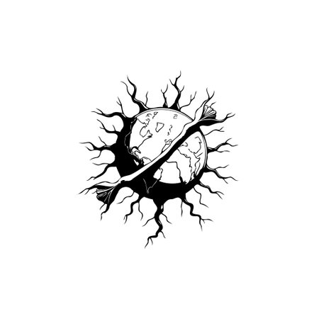 An abstract monochrome illustration featuring the Earth globe intertwined with roots and a branch silhouette, representing nature, growth, and the environment in a conceptual design.のイラスト素材