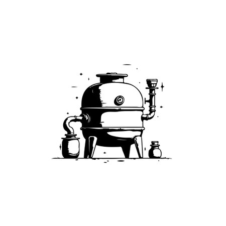 A detailed steampunk-inspired illustration of a boiler device in black and white, isolated against a plain backdrop. A minimalist, vintage design for technical and industrial themes.のイラスト素材