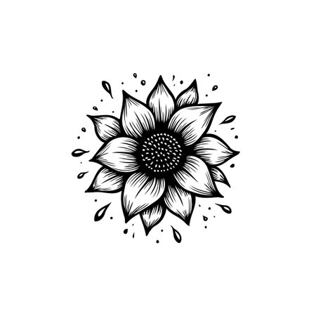 This is a detailed hand-drawn illustration of a sunflower. The artwork showcases intricate petal designs and a captivating center, rendered in a monochrome style that adds an artistic flair.のイラスト素材