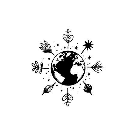 A minimalist black and white illustration showing Earth encircled by various plant motifs, symbolizing ecological harmony and environmental responsibility.のイラスト素材