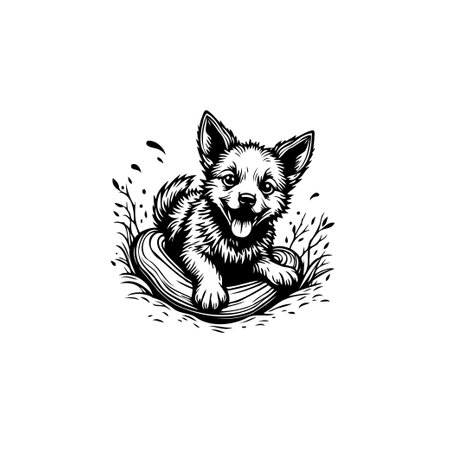 A charming black and white illustration of an adorable puppy with expressive eyes and detailed fur, conveying playfulness and friendliness.のイラスト素材