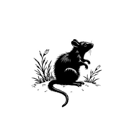 A monochrome illustration of a mouse in a natural setting, with delicate details. The artwork has a vintage and artistic touch.のイラスト素材