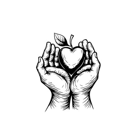 An elegant sketch shows hands gently cradling a heart-shaped apple, a powerful representation of love, health, and the nurturing care we offer each other.のイラスト素材