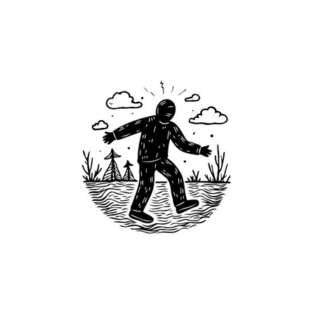 A distressed figure walks alone with ominous clouds, symbolizing burden, mental health, or struggle in a simple illustration.のイラスト素材