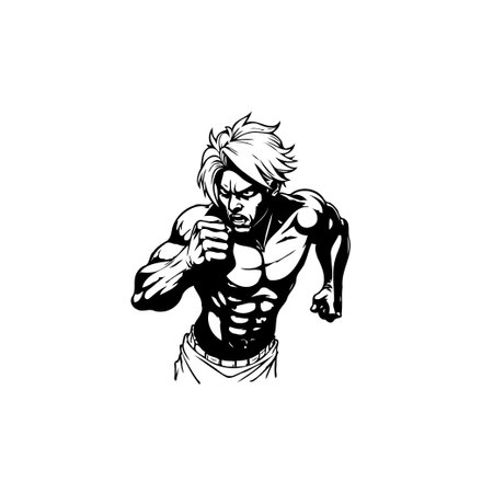 Dynamic black and white vector illustration of a muscular boxer, showcasing strength and determination, perfect for fitness and sports related designs.のイラスト素材