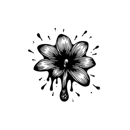 A monochrome illustration of a flower with a skull in the center. The design incorporates a dripping effect, enhancing its dark and aesthetic appeal.のイラスト素材