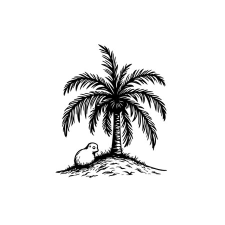 Monochrome illustration featuring a palm tree on an island with animal, designed for tropical themes and nature concept.のイラスト素材