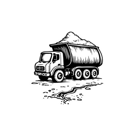 A black and white graphic illustration depicts a dump truck filled with material, showcasing industry and transportation.のイラスト素材