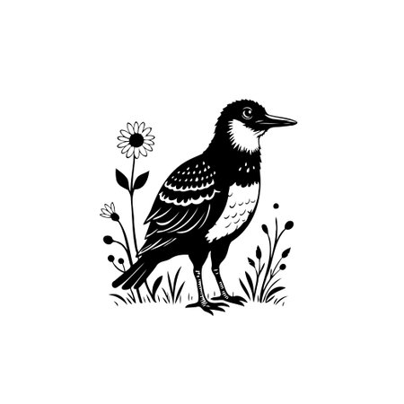 This image is an elegant illustration of a magpie bird standing amongst wildflowers in a field. The design is a monochrome color scheme for a classic, vintage feel.のイラスト素材
