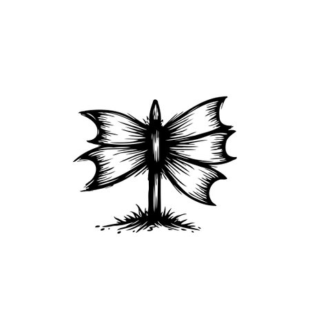 A stylized black and white illustration of a dragonfly with distinctive wing design, evoking a sense of vintage natural history. The image is isolated on a white background, making it suitable for various creative applications.のイラスト素材