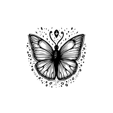A monochrome butterfly illustration with intricate wings and decorative elements. Perfect for designs that require a touch of nature and artistic flair.のイラスト素材