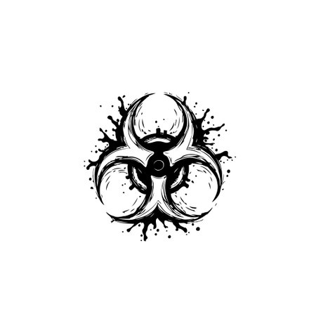 A grunge stylized biohazard symbol illustration. This design incorporates ink splatters and a distressed look, conveying danger and warning.のイラスト素材