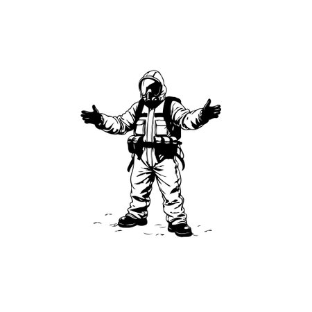 Detailed black and white vector illustration of a person wearing a full hazmat suit with open arms, symbolizing readiness and protection.のイラスト素材