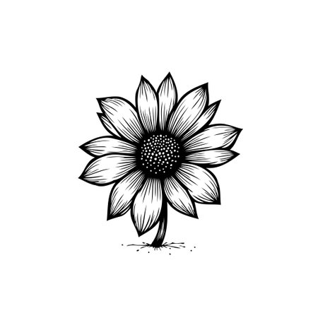 A monochrome line art illustration of a sunflower. This image features elegant botanical design with intricate details and a minimalist aesthetic.のイラスト素材