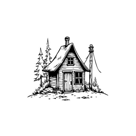 A hand-drawn illustration of a rustic cabin nestled in a serene forest, capturing the charm of a simple, secluded retreat in nature.のイラスト素材