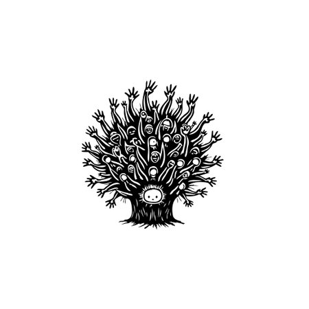 A whimsical illustration features a spirit tree composed of faces and waving hands, rendered in black and white, ideal for creative and fantasy projects.のイラスト素材