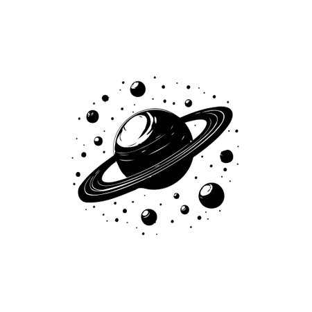 A striking monochrome illustration showcases Saturn surrounded by orbiting spheres, evoking the mystery and allure of the cosmos.のイラスト素材
