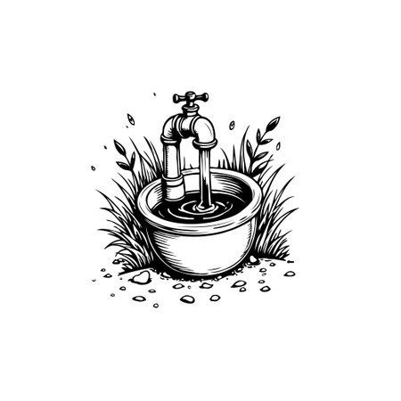 Black and white drawing illustrating water flowing from a tap into a basin in a natural, outdoor setting. Simple and environmentally conscious depiction.のイラスト素材