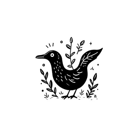 A minimalist illustration features a black bird surrounded by botanical elements, rendered in a whimsical style with clean lines and a fresh, natural feel.のイラスト素材