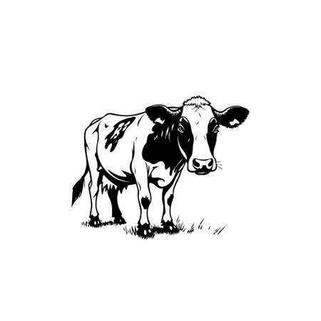A black and white illustration of a dairy cow standing in grass. Great for farming, agriculture, or educational purposes.のイラスト素材