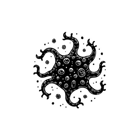 This black and white illustration depicts a stylized virus or bacteria, showcasing its intricate structure. It's ideal for medical or scientific projects.のイラスト素材